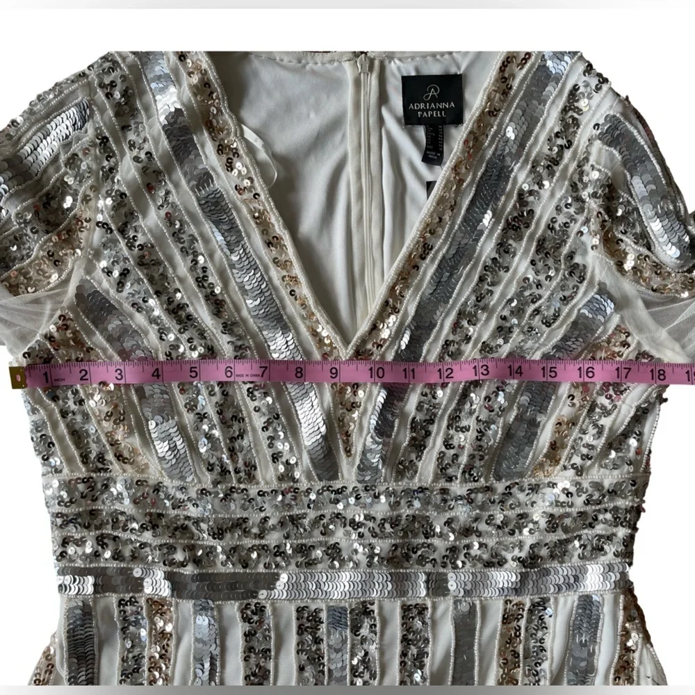 Adrianna Papell Ivory, Silver and Gold Stripe Sequin and Bead Sheath Dress 14